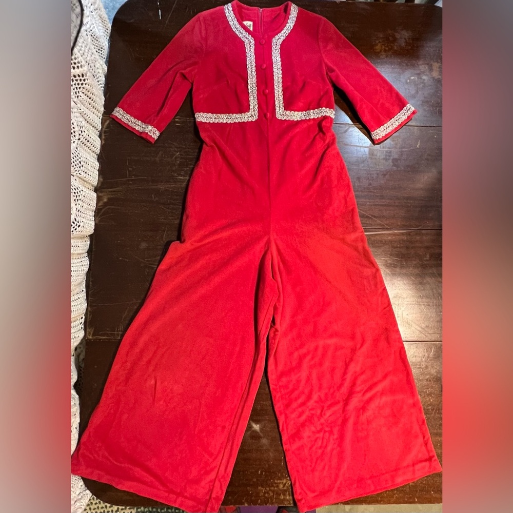VINTAGE MCM union suit jumpsuit romper‎ wide leg pants red tinsel button front - Picture 10 of 15
